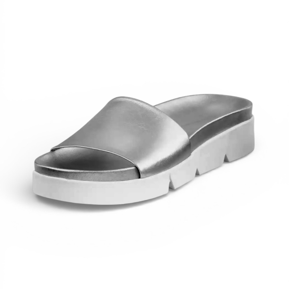 STUART WEITZMAN Landside Pewter Metallic Leather Slide Sandals 8.5